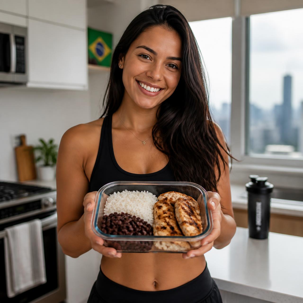 Brasileira sorrindo na cozinha segurando uma marmita pronta